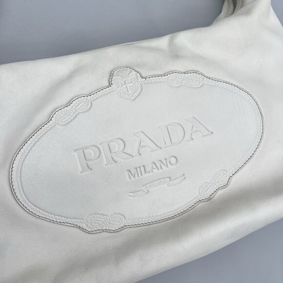 Prada Tessuto Hobo Shoulder Bag Embossed Logo White Leather - Picture 6 of 16